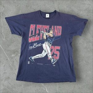 Vintage Cleveland Indians Shirt Mens Large Navy Blue 90s Jim Thome MLB Sports‎